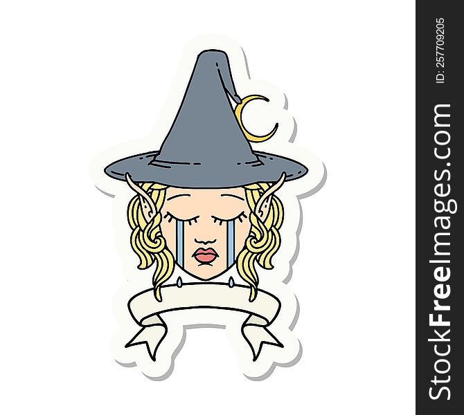 sticker of a crying elf mage character face wiht banner. sticker of a crying elf mage character face wiht banner
