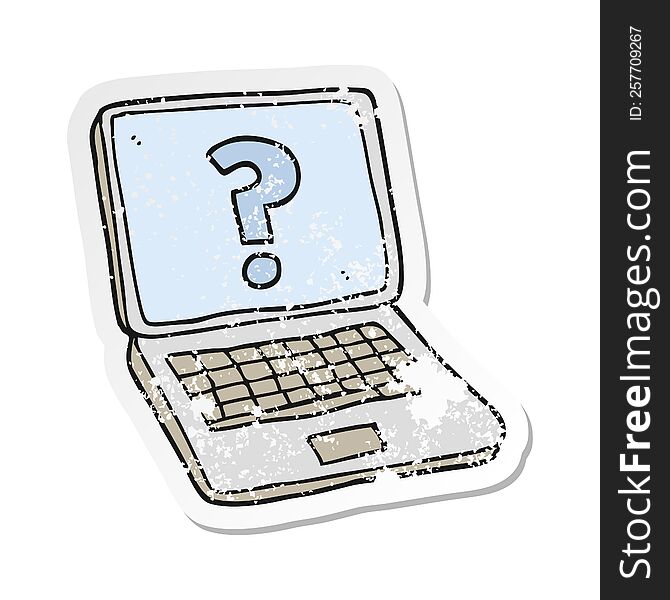 retro distressed sticker of a cartoon laptop computer with question mark