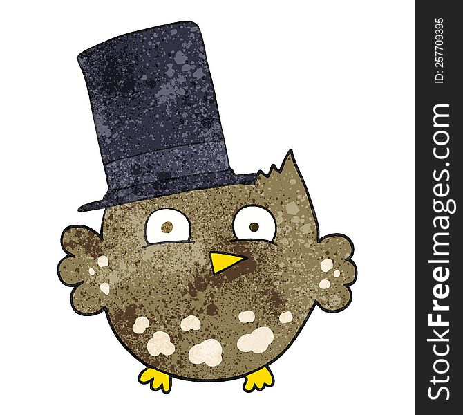 freehand textured cartoon little owl with top hat