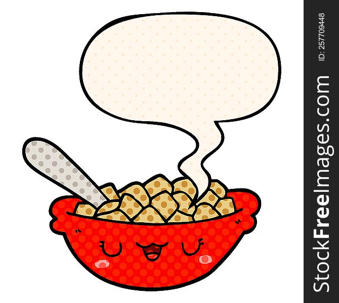 cute cartoon bowl of cereal with speech bubble in comic book style