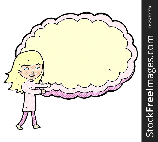 cartoon girl presenting cloud text space. cartoon girl presenting cloud text space