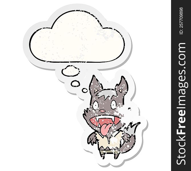 cartoon werewolf with thought bubble as a distressed worn sticker
