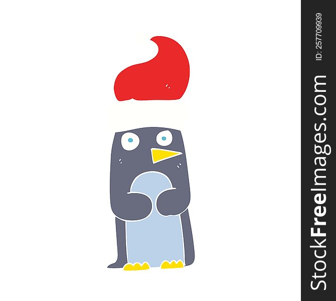 Flat Color Illustration Of A Cartoon Penguin In Christmas Hat