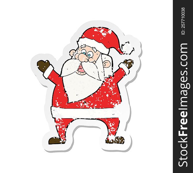 retro distressed sticker of a jolly santa cartoon