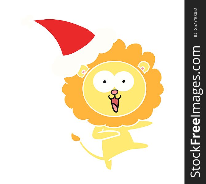 happy hand drawn flat color illustration of a lion wearing santa hat. happy hand drawn flat color illustration of a lion wearing santa hat