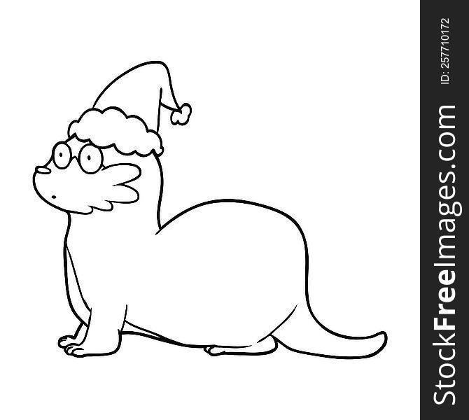 line drawing of a otter wearing santa hat