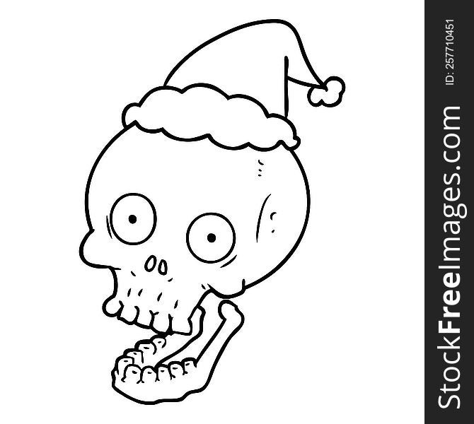 hand drawn line drawing of a skull wearing santa hat