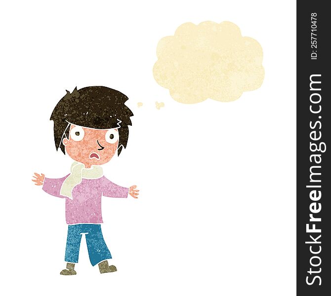 cartoon unhappy boy with thought bubble