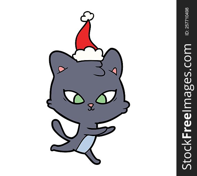 Cute Line Drawing Of A Cat Wearing Santa Hat