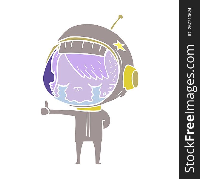 flat color style cartoon crying astronaut girl making thumbs up sign