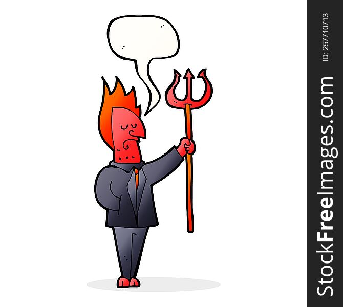 cartoon devil with pitchfork with speech bubble