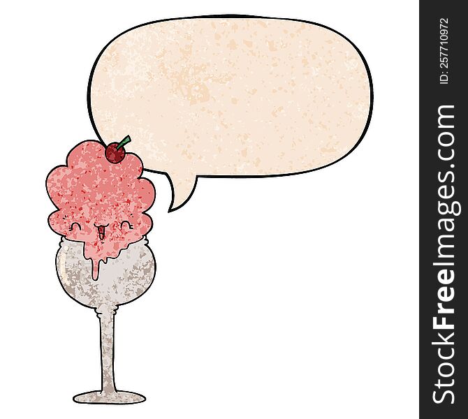 Cute Cartoon Ice Cream Desert And Speech Bubble In Retro Texture Style