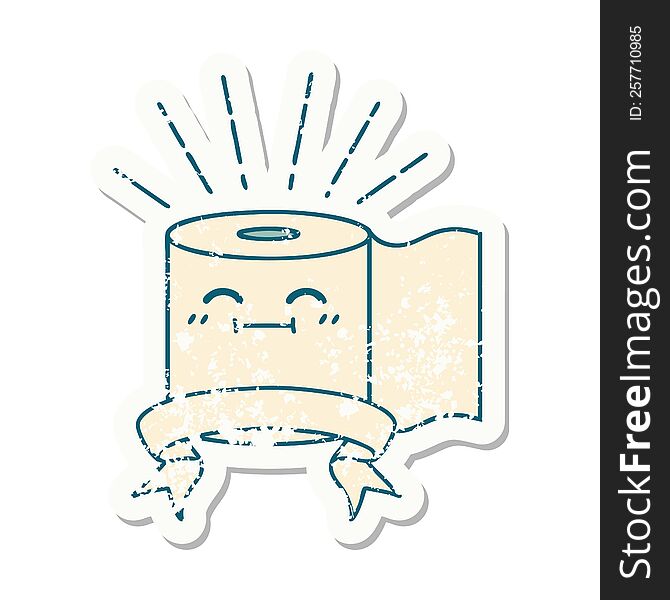 worn old sticker of a tattoo style toilet paper character. worn old sticker of a tattoo style toilet paper character