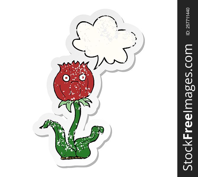 cartoon thistle with speech bubble distressed distressed old sticker. cartoon thistle with speech bubble distressed distressed old sticker