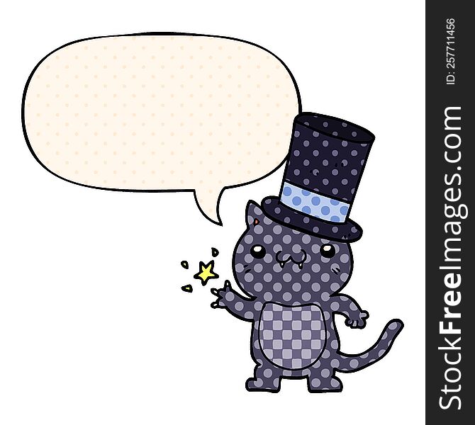 Cartoon Cat Wearing Top Hat And Speech Bubble In Comic Book Style