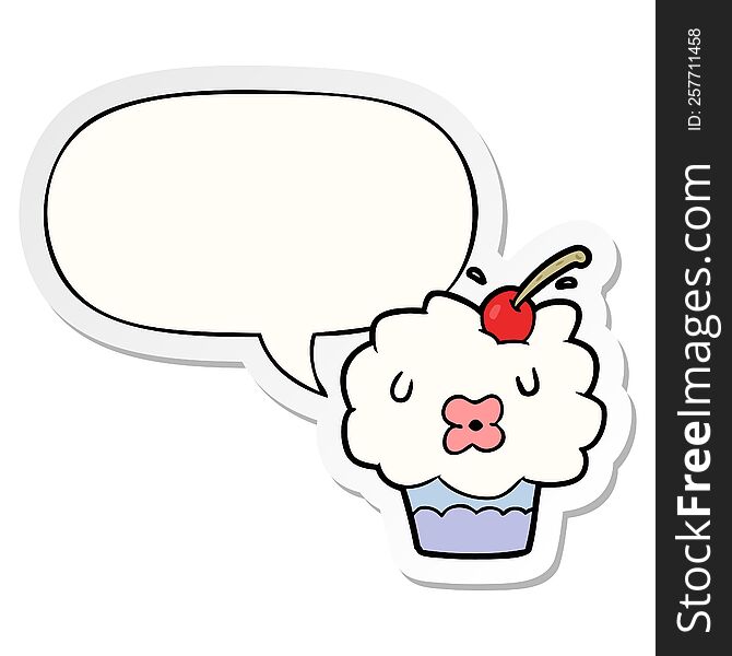 Funny Cartoon Cupcake And Speech Bubble Sticker