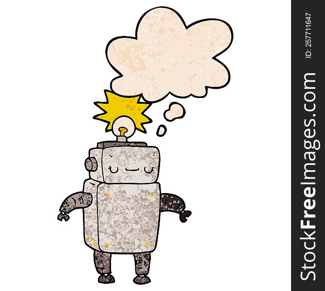 Cartoon Robot And Thought Bubble In Grunge Texture Pattern Style