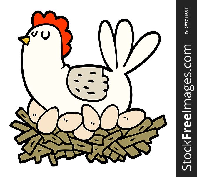 Hand Drawn Doodle Style Cartoon Chicken On Nest Of Eggs