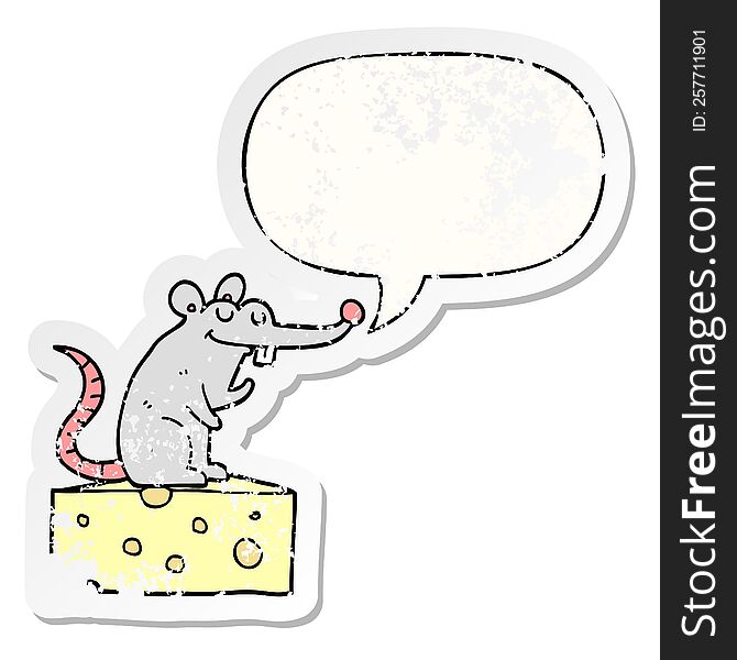 cartoon mouse sitting on cheese and speech bubble distressed sticker