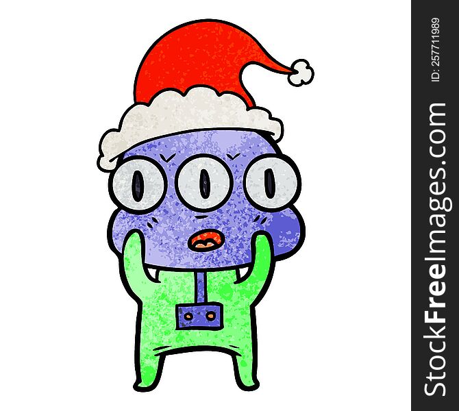 Textured Cartoon Of A Three Eyed Alien Wearing Santa Hat