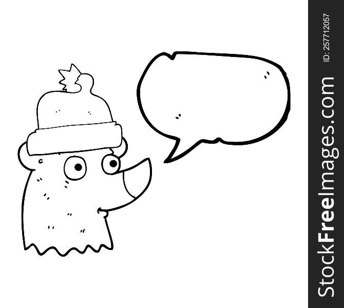 freehand drawn speech bubble cartoon bear wearing christmas hat