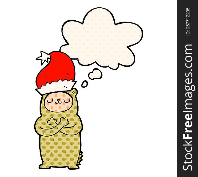 cartoon bear wearing christmas hat with thought bubble in comic book style
