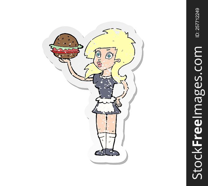 Retro Distressed Sticker Of A Cartoon Waitress With Burger