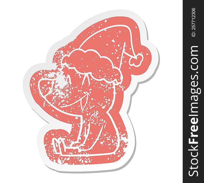 Sitting Bear Cartoon Distressed Sticker Of A Wearing Santa Hat