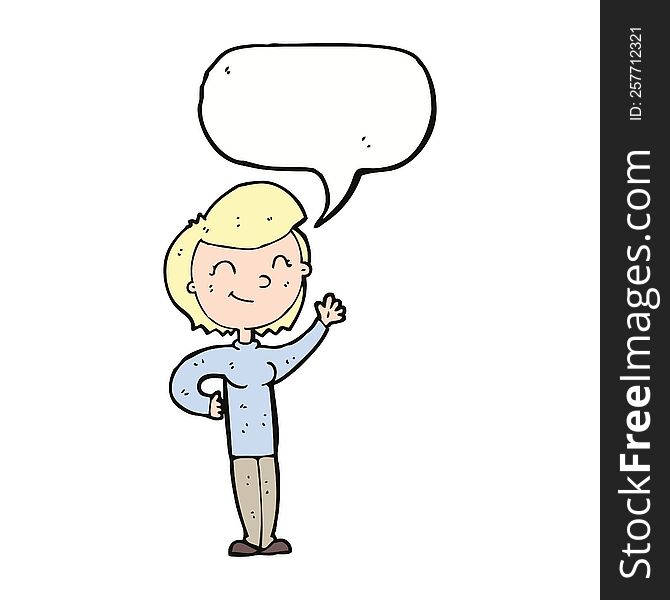 Cartoon Friendly Waving Woman With Speech Bubble