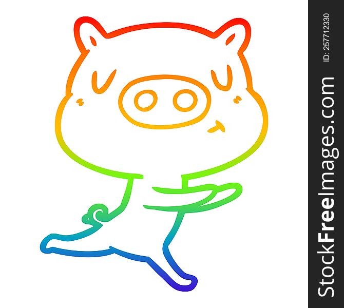 rainbow gradient line drawing of a cartoon content pig running