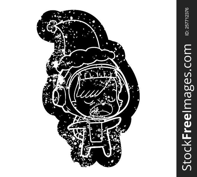 quirky cartoon distressed icon of a talking astronaut woman wearing santa hat