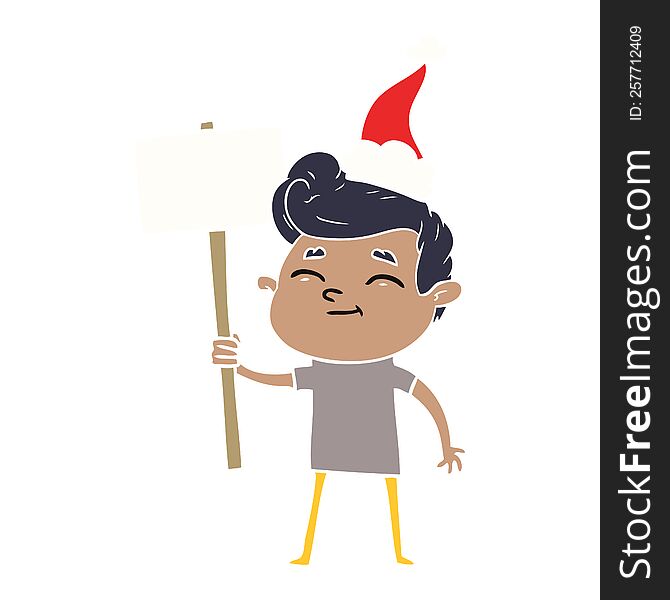 Happy Flat Color Illustration Of A Man With Sign Wearing Santa Hat