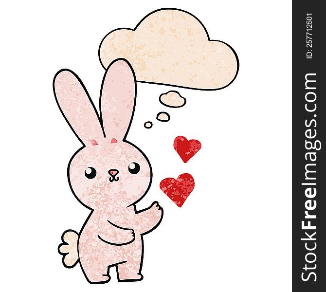 cute cartoon rabbit with love hearts with thought bubble in grunge texture style. cute cartoon rabbit with love hearts with thought bubble in grunge texture style