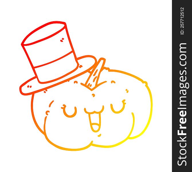 warm gradient line drawing of a cartoon pumpkin wearing hat