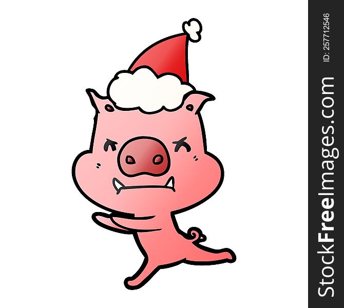 Angry Gradient Cartoon Of A Pig Wearing Santa Hat