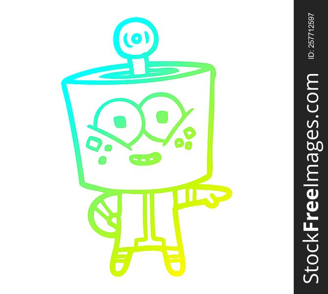 cold gradient line drawing of a happy cartoon robot pointing