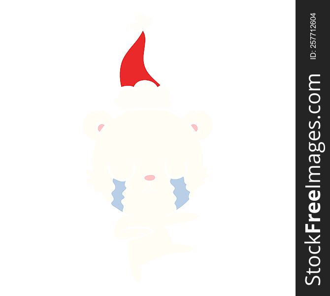 crying polar bear hand drawn flat color illustration of a wearing santa hat