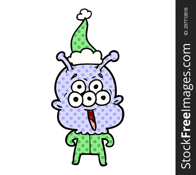 happy hand drawn comic book style illustration of a alien wearing santa hat