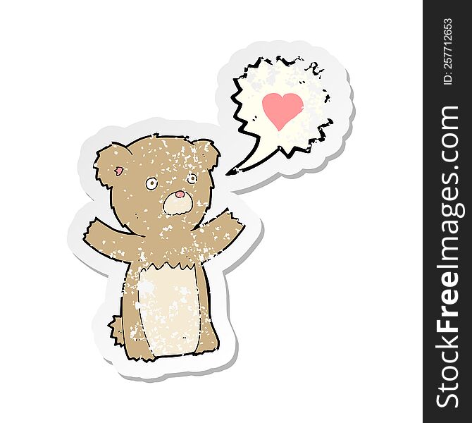 Retro Distressed Sticker Of A Cartoon Teddy Bear With Love Heart