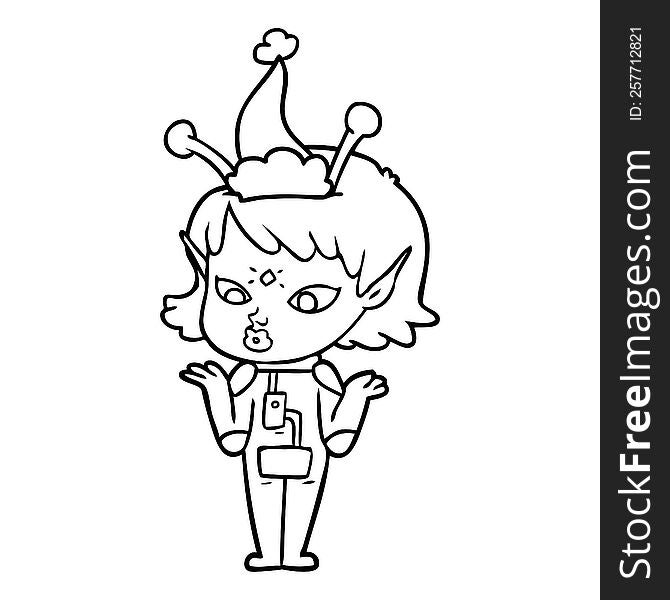 Pretty Line Drawing Of A Alien Girl Wearing Santa Hat