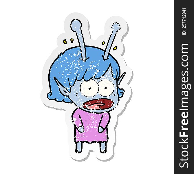 Distressed Sticker Of A Cartoon Shocked Alien Girl