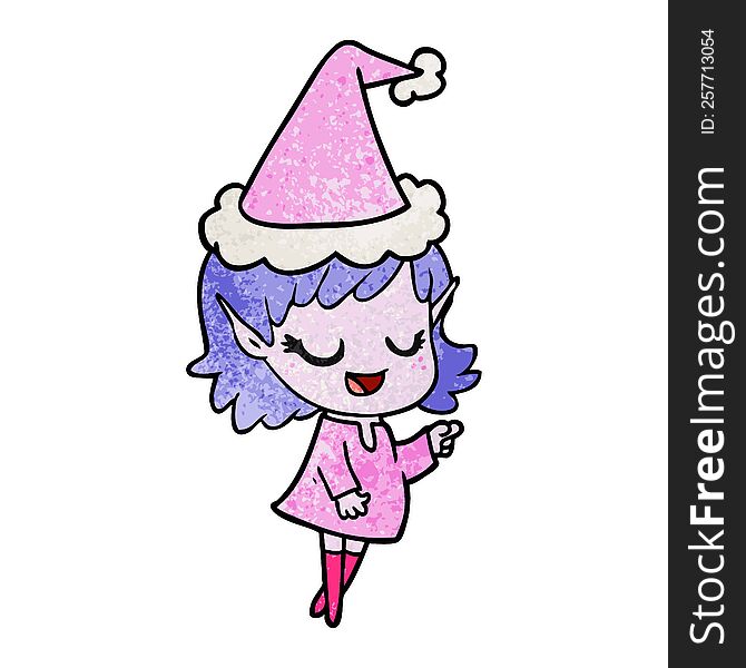 happy hand drawn textured cartoon of a elf girl pointing wearing santa hat. happy hand drawn textured cartoon of a elf girl pointing wearing santa hat