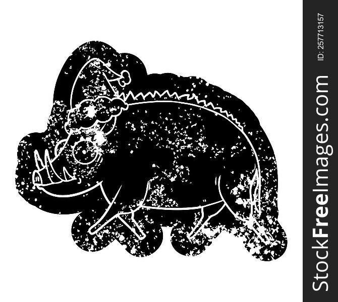 cartoon distressed icon of a wild boar wearing santa hat