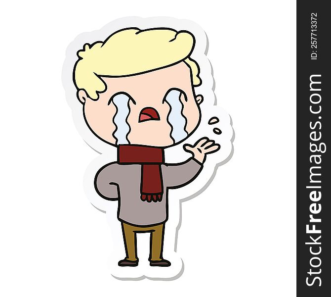 Sticker Of A Cartoon Man Crying Wearing Winter Scarf
