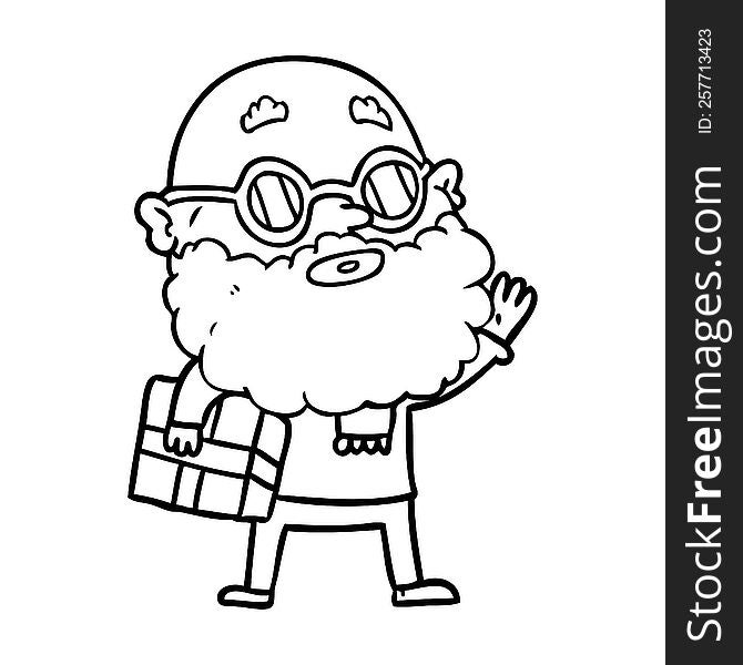 cartoon curious man with beard sunglasses and present. cartoon curious man with beard sunglasses and present