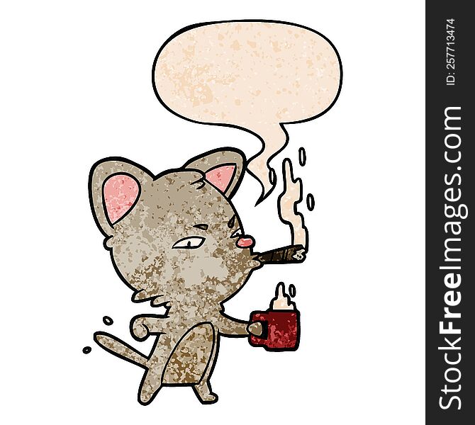 cartoon serious business cat with coffee and cigar with speech bubble in retro texture style