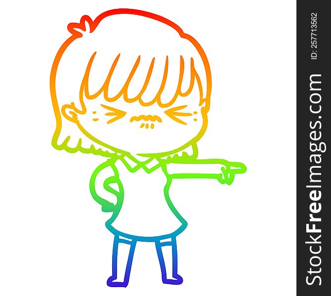 rainbow gradient line drawing of a annoyed cartoon girl blaming