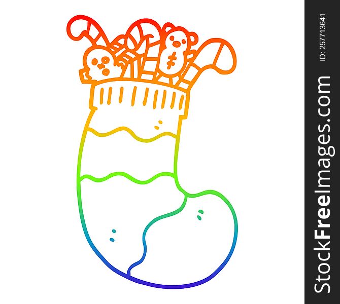 rainbow gradient line drawing cartoon christmas stocking full of toys