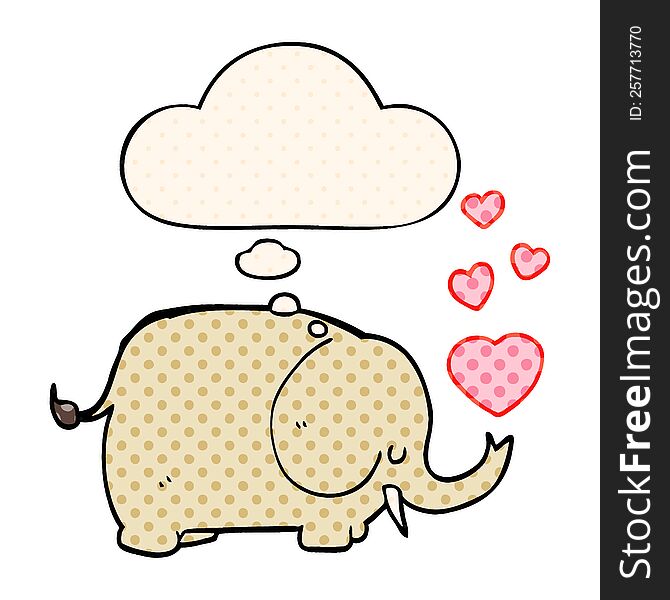 cute cartoon elephant with love hearts and thought bubble in comic book style