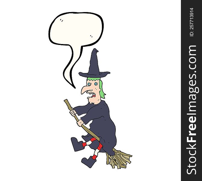 freehand drawn speech bubble cartoon witch flying on broom